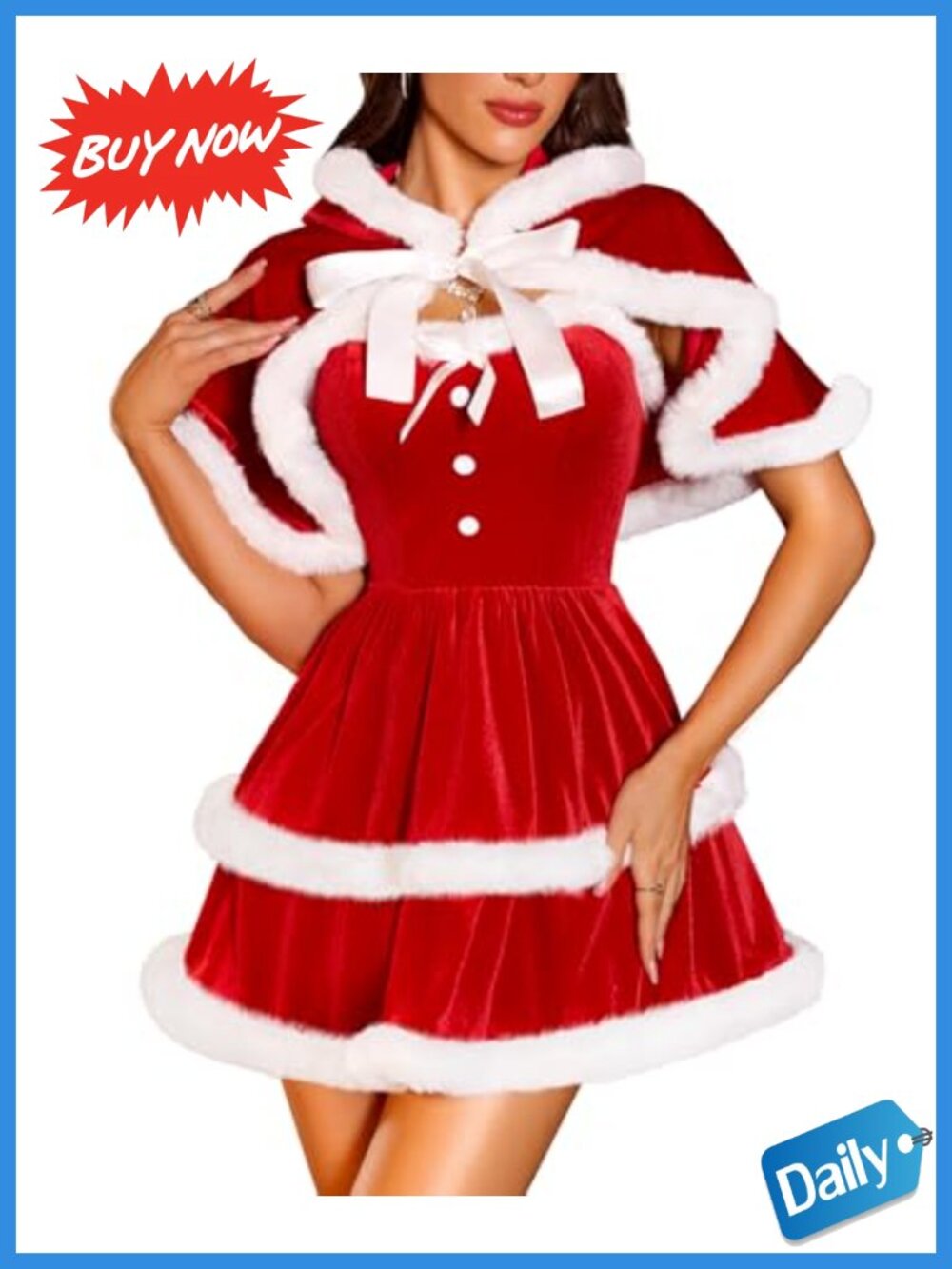 Velvet Santa Dress & Hooded Cape Set 2Pc Christmas Costume